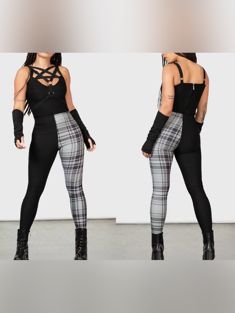 Killstar Heartbreaker Black & Gray Plaid High-Waist Ponte Leggings M
